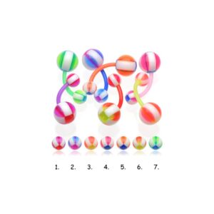 Bauchnabelpiercing PTFE mit Acryl-Kugeln – Bunt mit weißen Streifen