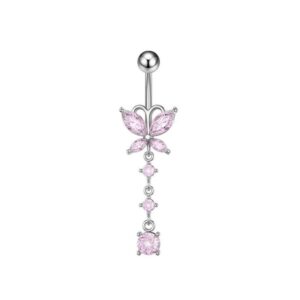 Bauchnabelpiercing Schmetterling mit drei Kristallen Rosa