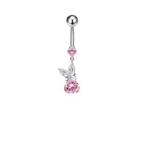 Bauchnabelpiercing Herz Rosa mit Anhänger – Umgedrehtes Herz & Weiße Schleife