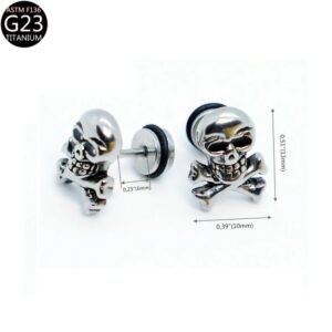 Ohrstecker Totenkopf aus Titanstahl Fake-Plug mit gekreuzten Knochen