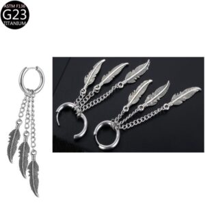 1 Paar Ohrringe Creolen aus Titanstahl mit 3 Federn Anhänger in Silber