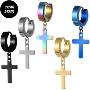 1 Paar Ohrringe Creolen aus Titanstahl mit Kreuzanhänger in 5 wundervollen Farben