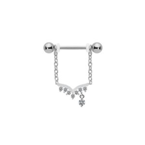 Brustwarzenpiercing mit Kette und 7 kleinen und einem großen Kristall aus Edelstahl