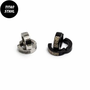 Titanstahl Creolen mit Greek Key Muster – Silber / Schwarz – Huggie Ohrclips im modernen Design