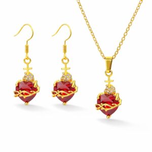 Schmuckset Herz mit Dornen – Ohrringe und Halskette mit rotem Kristall | silberfarben / goldfarben