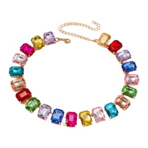 Bunte Choker Halskette mit rechteckigen Kristallen und goldfarbener Kette