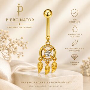 Bauchnabelpiercing Traumfänger Gold mit Zirkonia & Federn – Edelstahl 316L